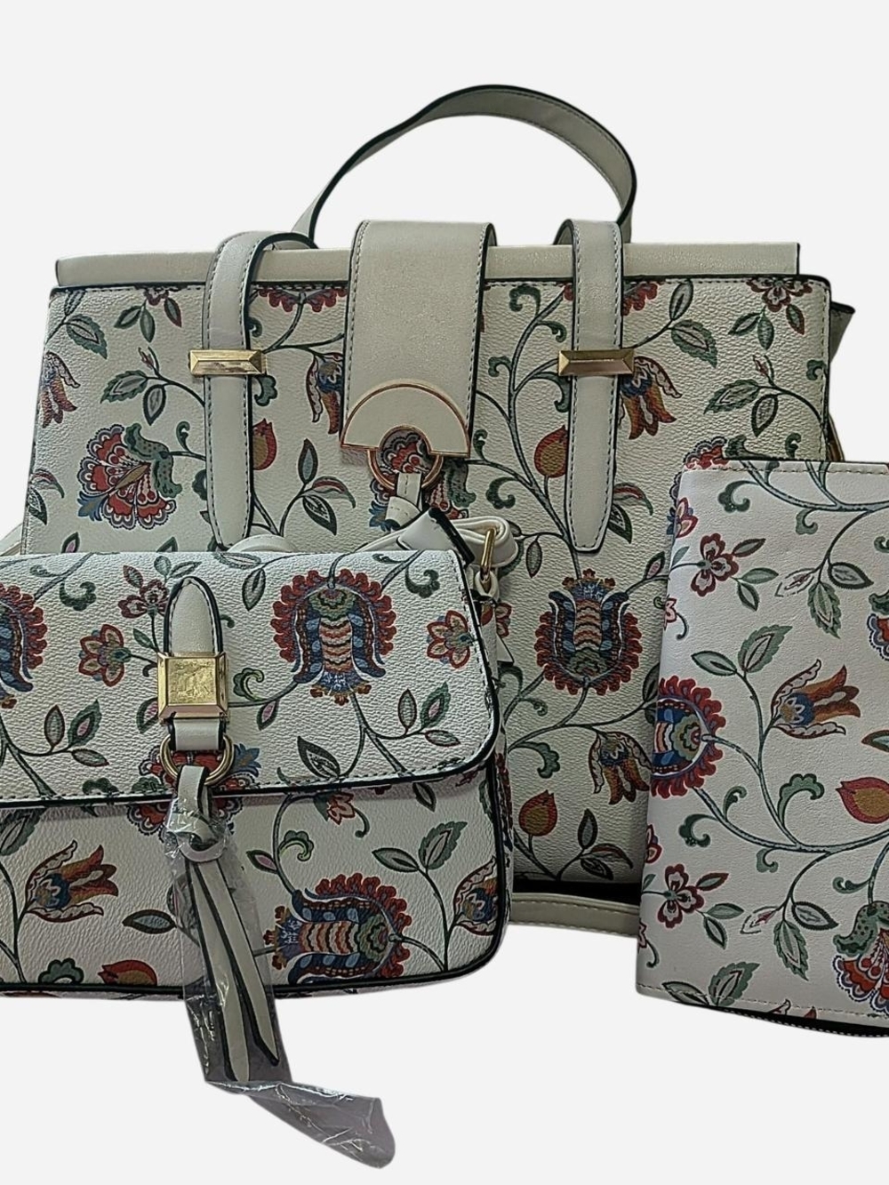 3 Piece Jacobean Floral Print Vegan Leather Bag Set — Tote, Mini Crossbody, Zip